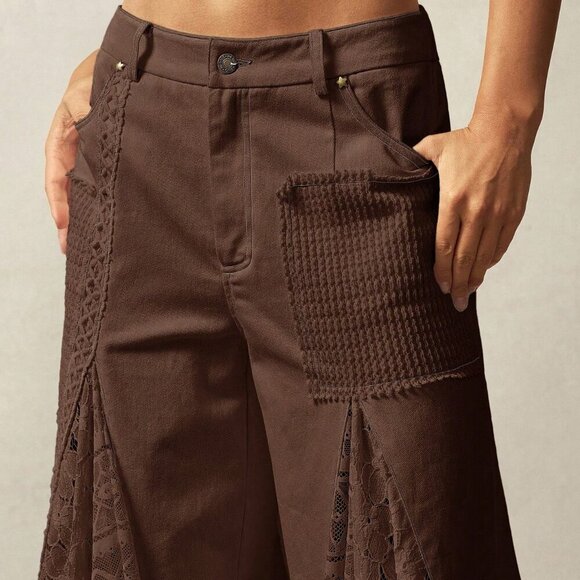 Brown Casual Women's Bohemian Style Woven lace detailed Flared Mid-Waist Pants - Picture 6 of 7